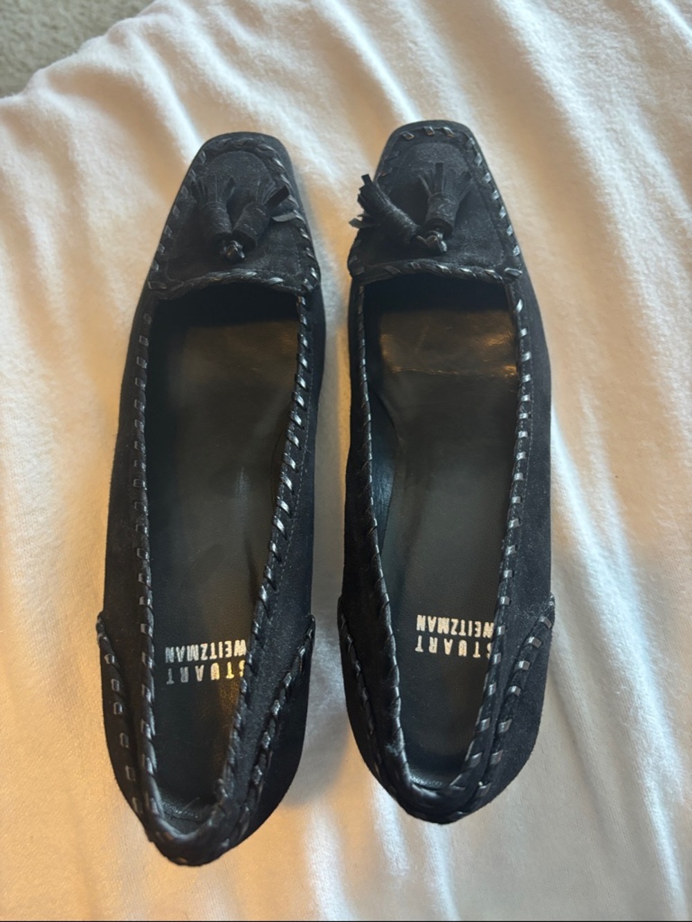 Stuart Weitzman Black Suede Tassel Moccasins